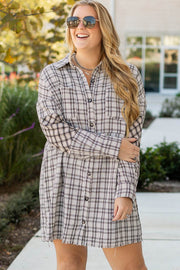 White Stripe Plus Size Plaid Buttoned Raw Hem Tunic Shirt Dress - Fashion Queen -  1