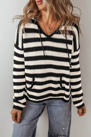 White Stripe V Neck Pocketed Drawstring Hooded Sweater - Fashion Queen -  1