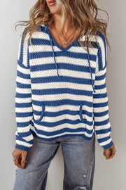 White Stripe V Neck Pocketed Drawstring Hooded Sweater - Fashion Queen -  4