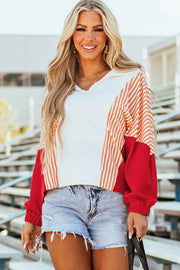 White Striped Color Block Collared V Neck Oversized Sweatshirt - Fashion Queen -  1
