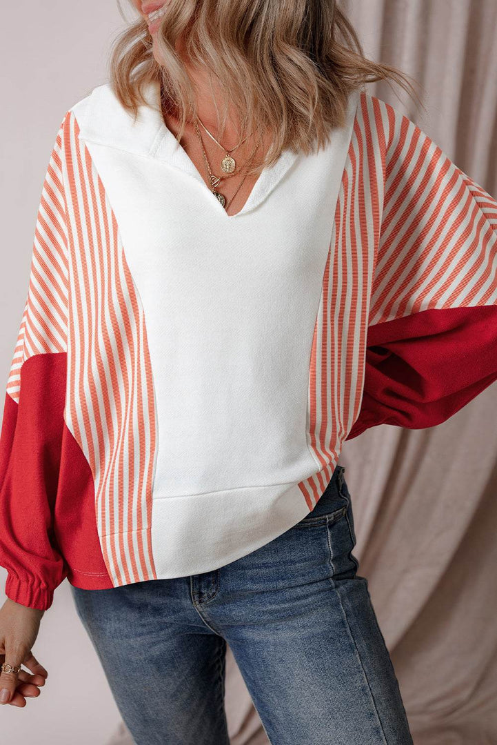 White Striped Color Block Collared V Neck Oversized Sweatshirt - Fashion Queen -  10