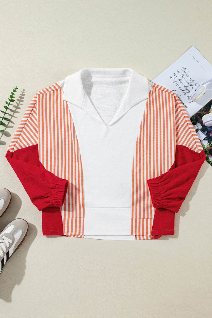 White Striped Color Block Collared V Neck Oversized Sweatshirt - Fashion Queen -  11