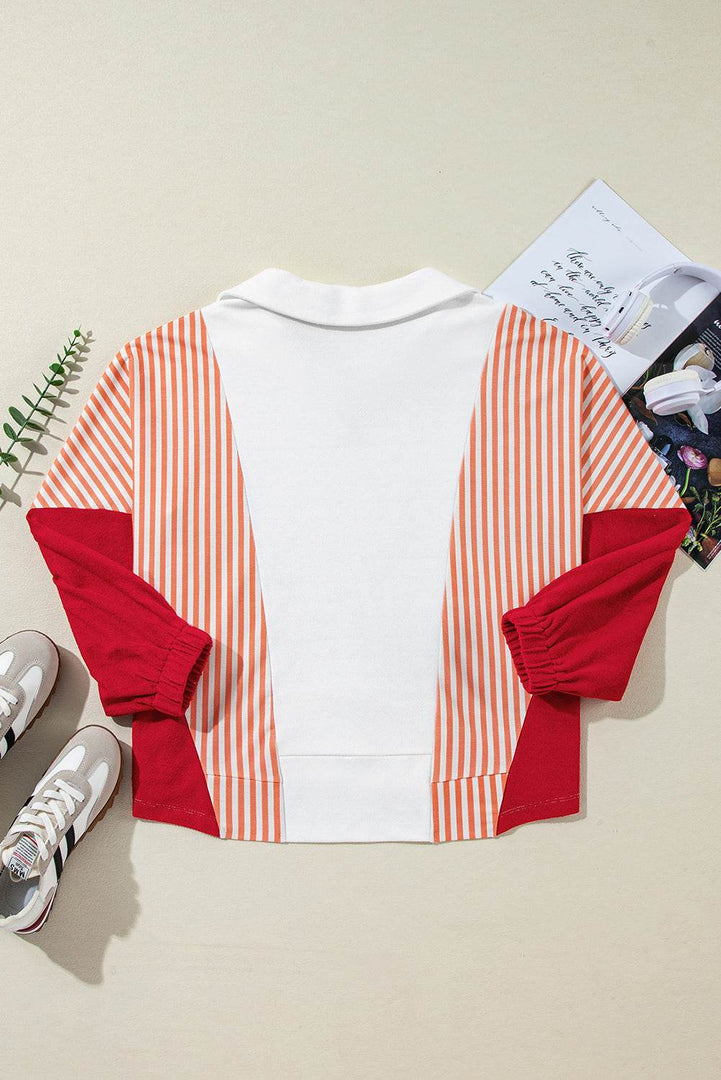 White Striped Color Block Collared V Neck Oversized Sweatshirt - Fashion Queen -  12