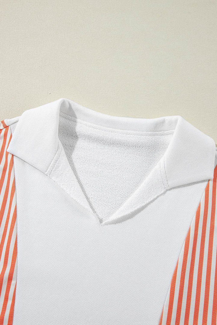 White Striped Color Block Collared V Neck Oversized Sweatshirt - Fashion Queen -  13