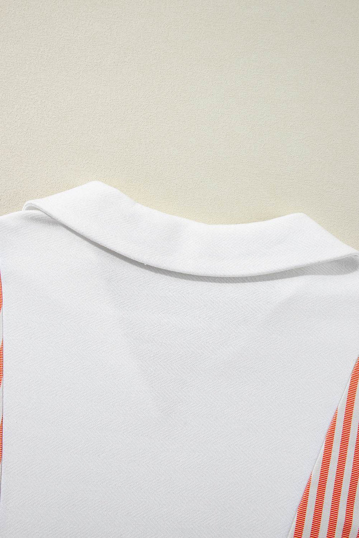White Striped Color Block Collared V Neck Oversized Sweatshirt - Fashion Queen -  14