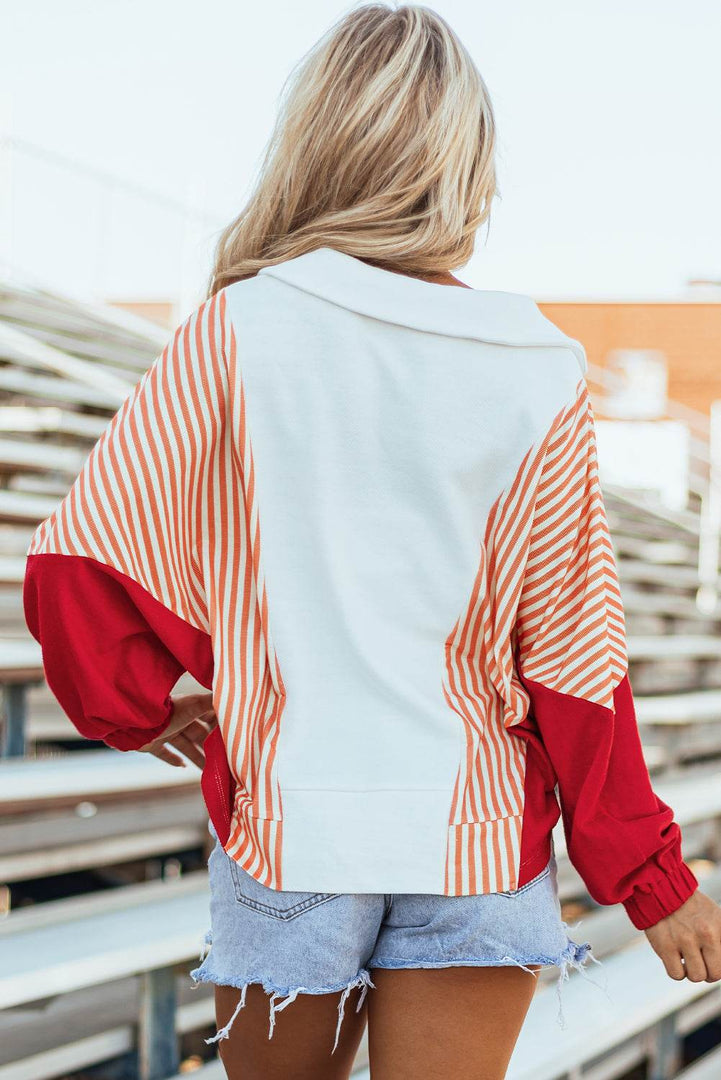 White Striped Color Block Collared V Neck Oversized Sweatshirt - Fashion Queen -  2