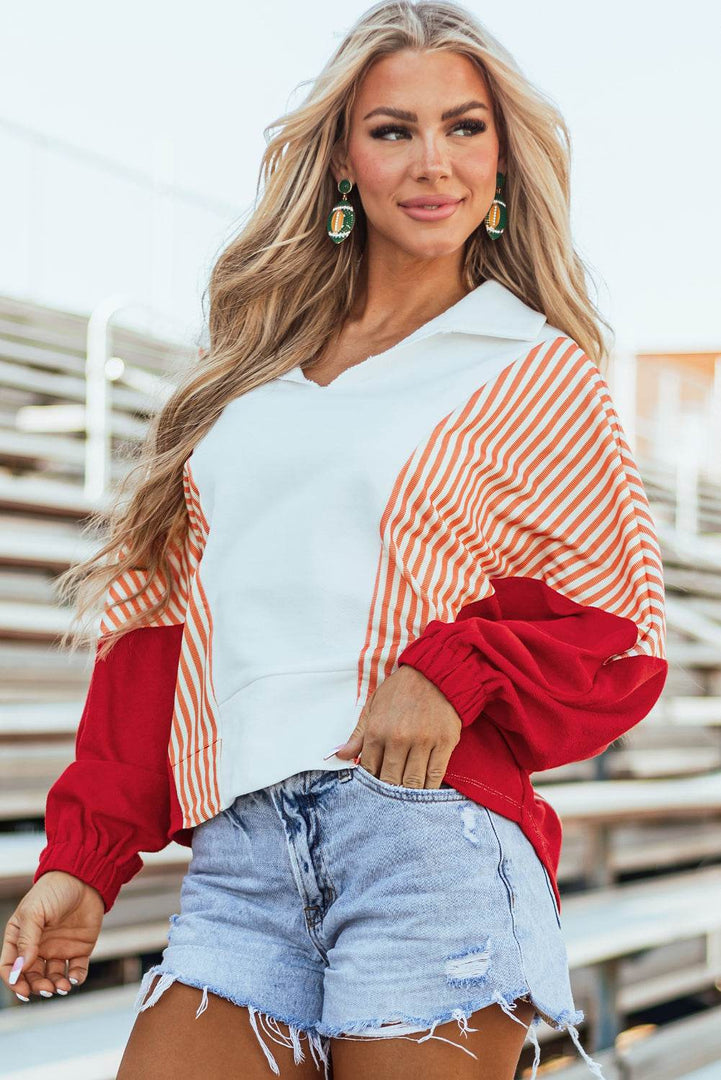 White Striped Color Block Collared V Neck Oversized Sweatshirt - Fashion Queen -  3