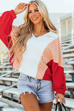 Load image into Gallery viewer, White Striped Color Block Collared V Neck Oversized Sweatshirt - Fashion Queen -  4

