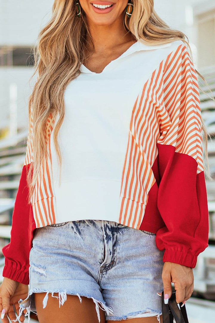 White Striped Color Block Collared V Neck Oversized Sweatshirt - Fashion Queen -  7