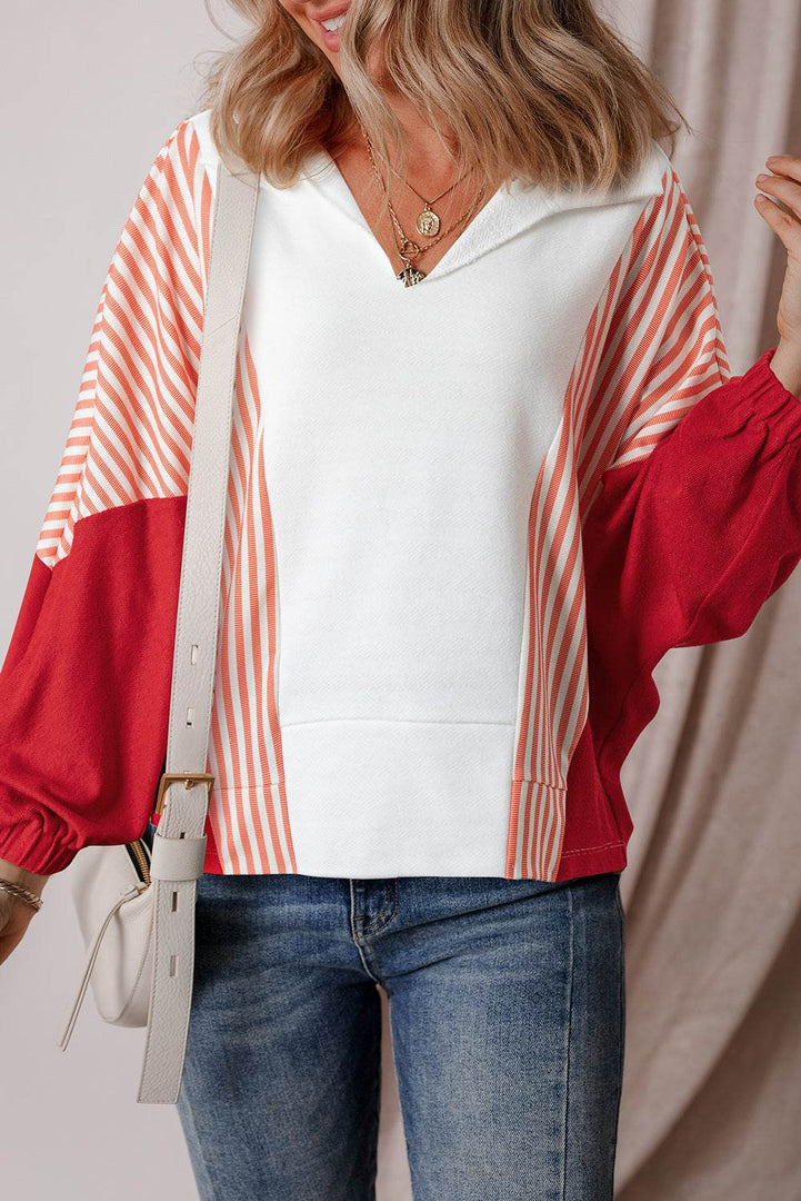 White Striped Color Block Collared V Neck Oversized Sweatshirt - Fashion Queen -  8