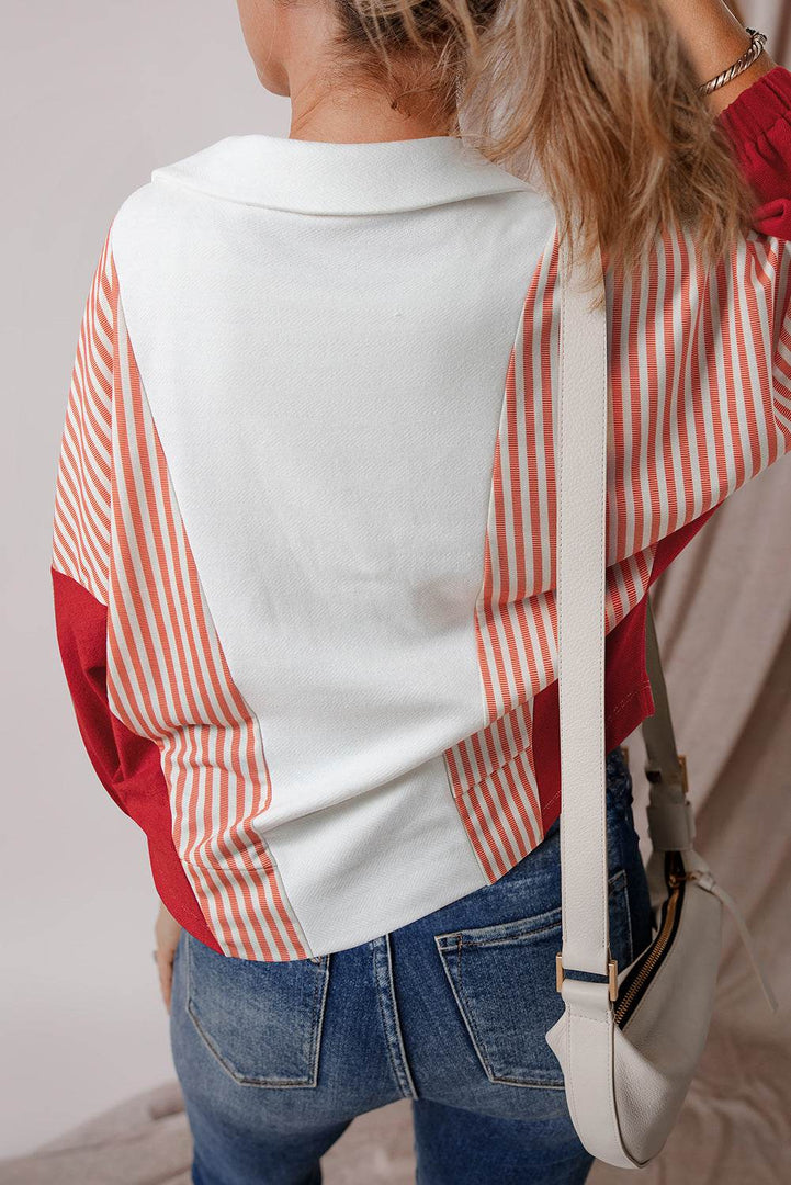 White Striped Color Block Collared V Neck Oversized Sweatshirt - Fashion Queen -  9