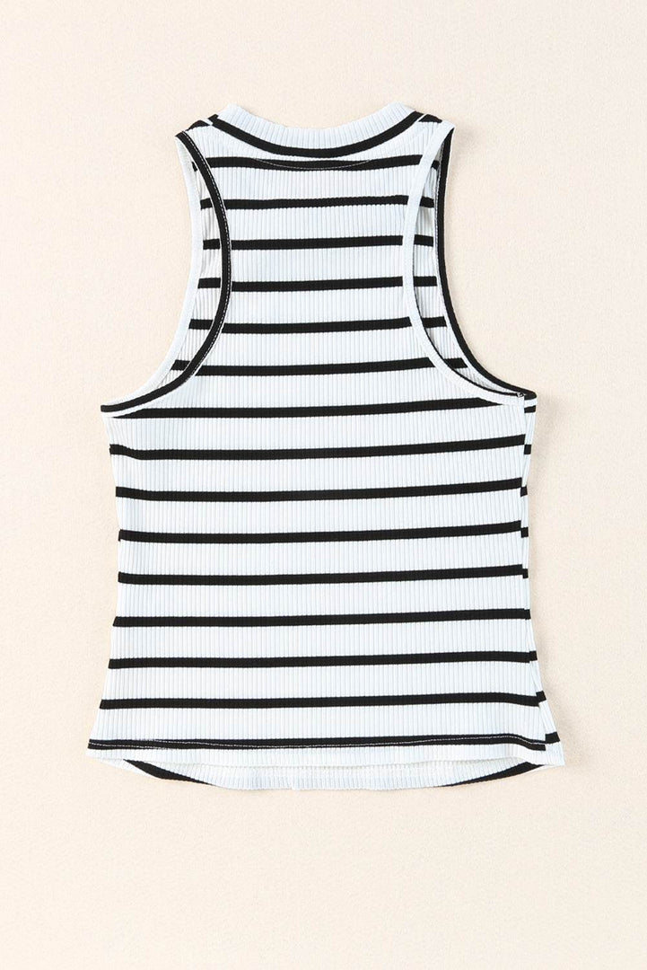 White Striped Print Ribbed O-neck Sleeveless Top - Fashion Queen -  6