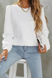 White Textured Puff Long Sleeve Round Neck Top - Fashion Queen -  1