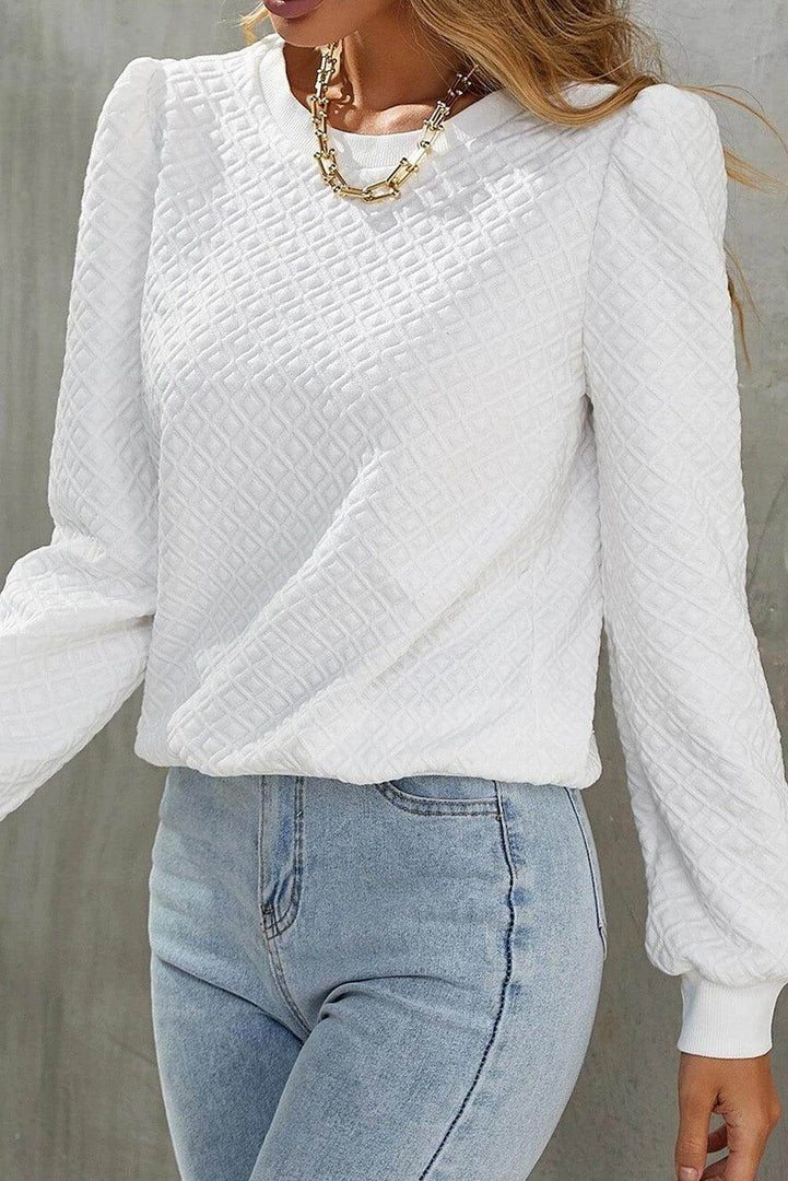 White Textured Puff Long Sleeve Round Neck Top - Fashion Queen -  5