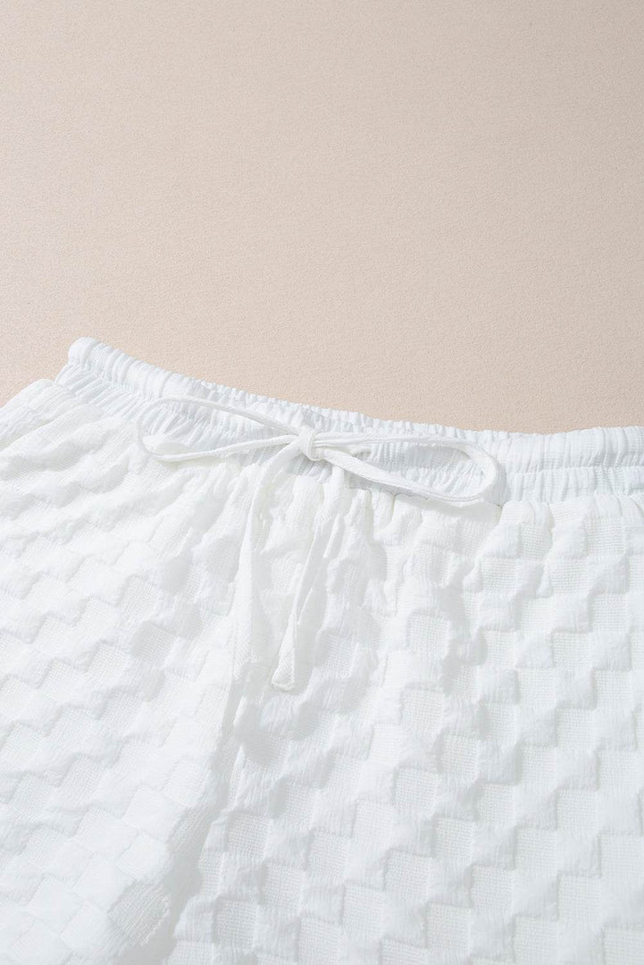 White Textured Split Neck Top and Drawstring Shorts Set - Fashion Queen -  15