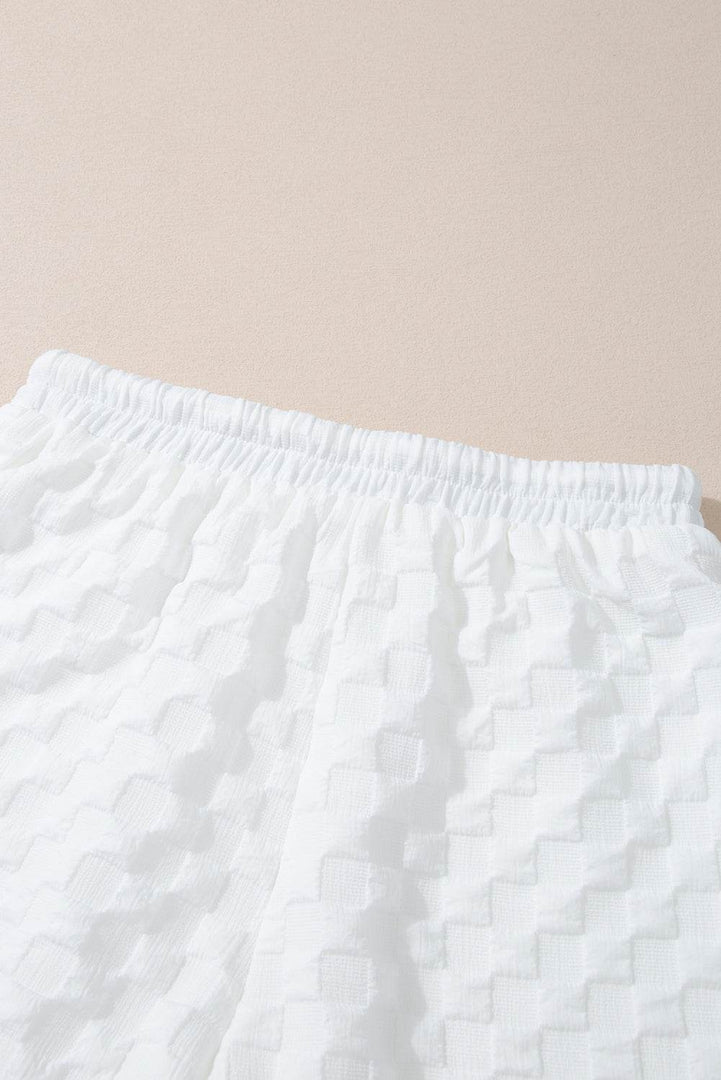 White Textured Split Neck Top and Drawstring Shorts Set - Fashion Queen -  16