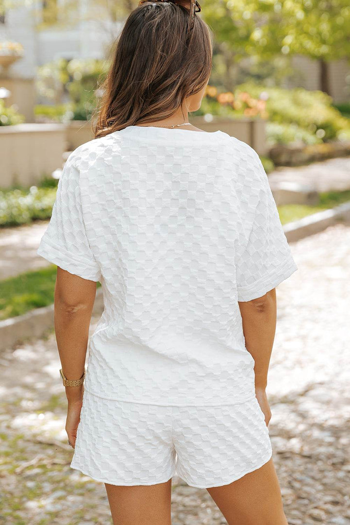 White Textured Split Neck Top and Drawstring Shorts Set - Fashion Queen -  2