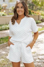 Load image into Gallery viewer, White Textured Split Neck Top and Drawstring Shorts Set - Fashion Queen -  3
