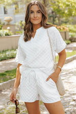 Load image into Gallery viewer, White Textured Split Neck Top and Drawstring Shorts Set - Fashion Queen -  4
