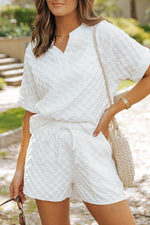 Load image into Gallery viewer, White Textured Split Neck Top and Drawstring Shorts Set - Fashion Queen -  8
