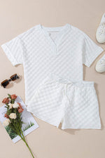 Load image into Gallery viewer, White Textured Split Neck Top and Drawstring Shorts Set - Fashion Queen -  9
