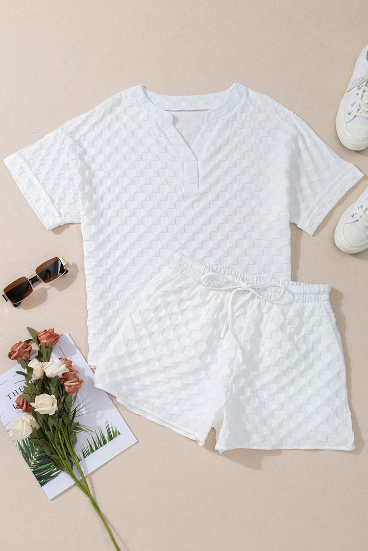 White Textured Split Neck Top and Drawstring Shorts Set - Fashion Queen -  9