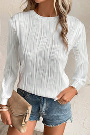 White Textured Wavy Round Neck Long Sleeve Top - Fashion Queen -  1