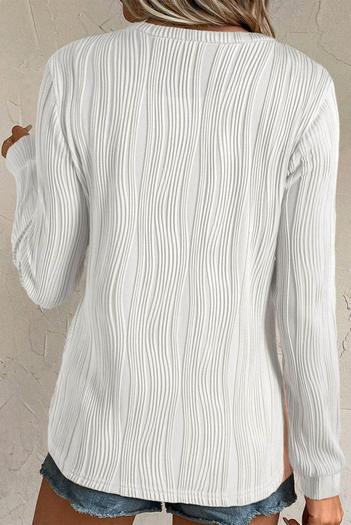 White Textured Wavy Round Neck Long Sleeve Top - Fashion Queen -  10