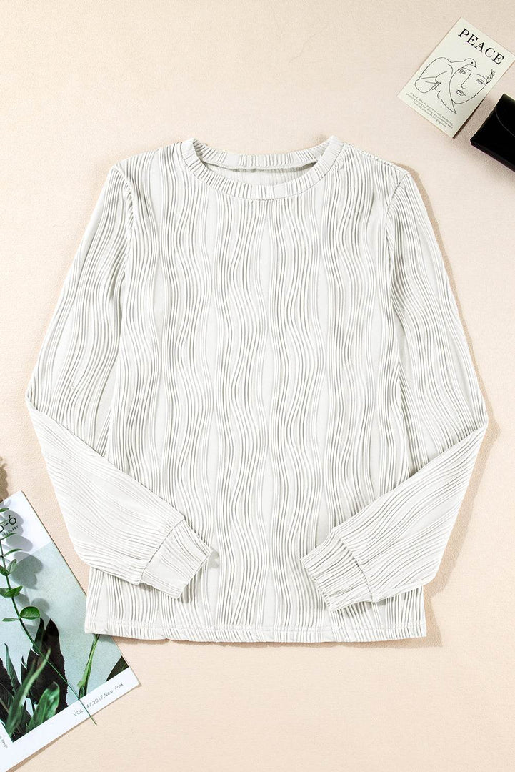 White Textured Wavy Round Neck Long Sleeve Top - Fashion Queen -  11