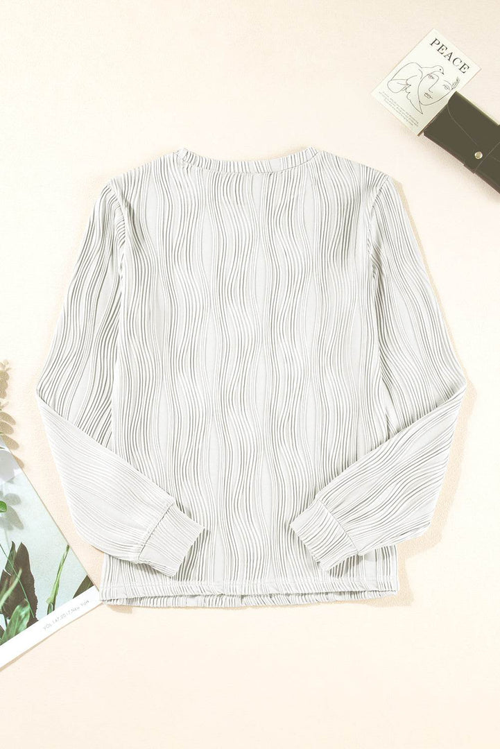 White Textured Wavy Round Neck Long Sleeve Top - Fashion Queen -  12