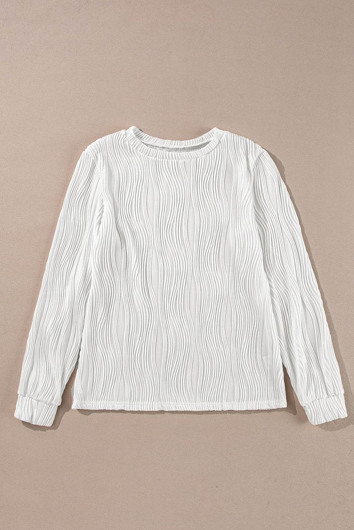 White Textured Wavy Round Neck Long Sleeve Top - Fashion Queen -  13