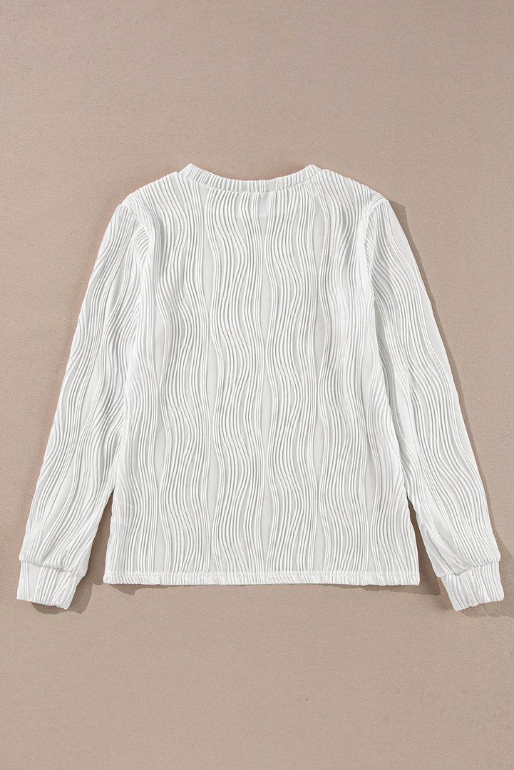 White Textured Wavy Round Neck Long Sleeve Top - Fashion Queen -  14