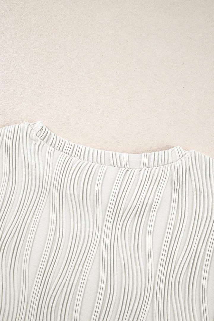 White Textured Wavy Round Neck Long Sleeve Top - Fashion Queen -  17