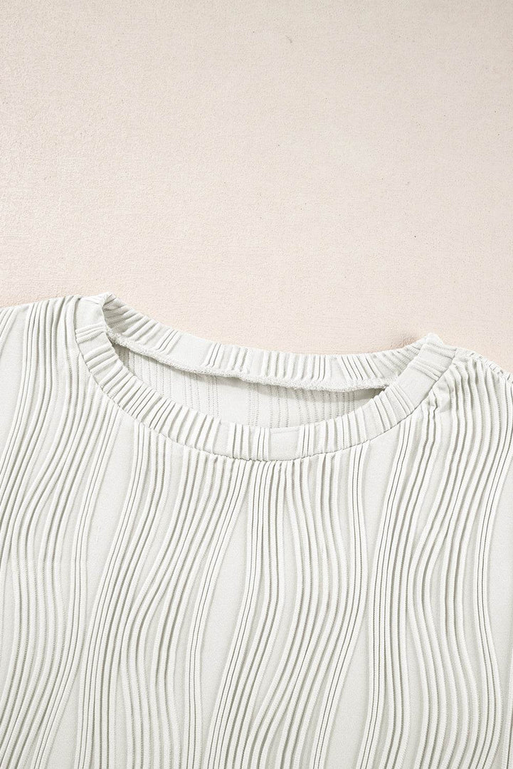 White Textured Wavy Round Neck Long Sleeve Top - Fashion Queen -  18