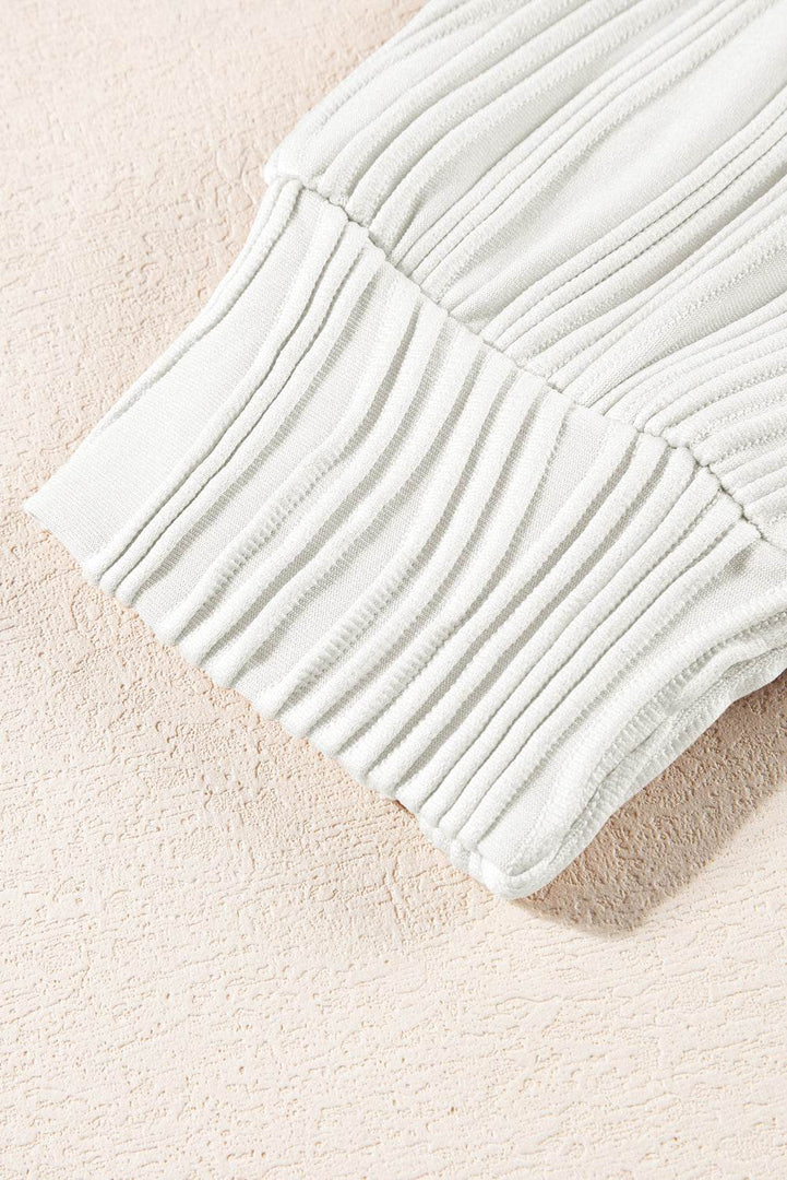 White Textured Wavy Round Neck Long Sleeve Top - Fashion Queen -  19