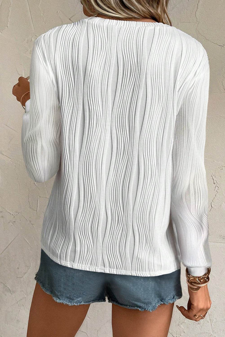 White Textured Wavy Round Neck Long Sleeve Top - Fashion Queen -  2