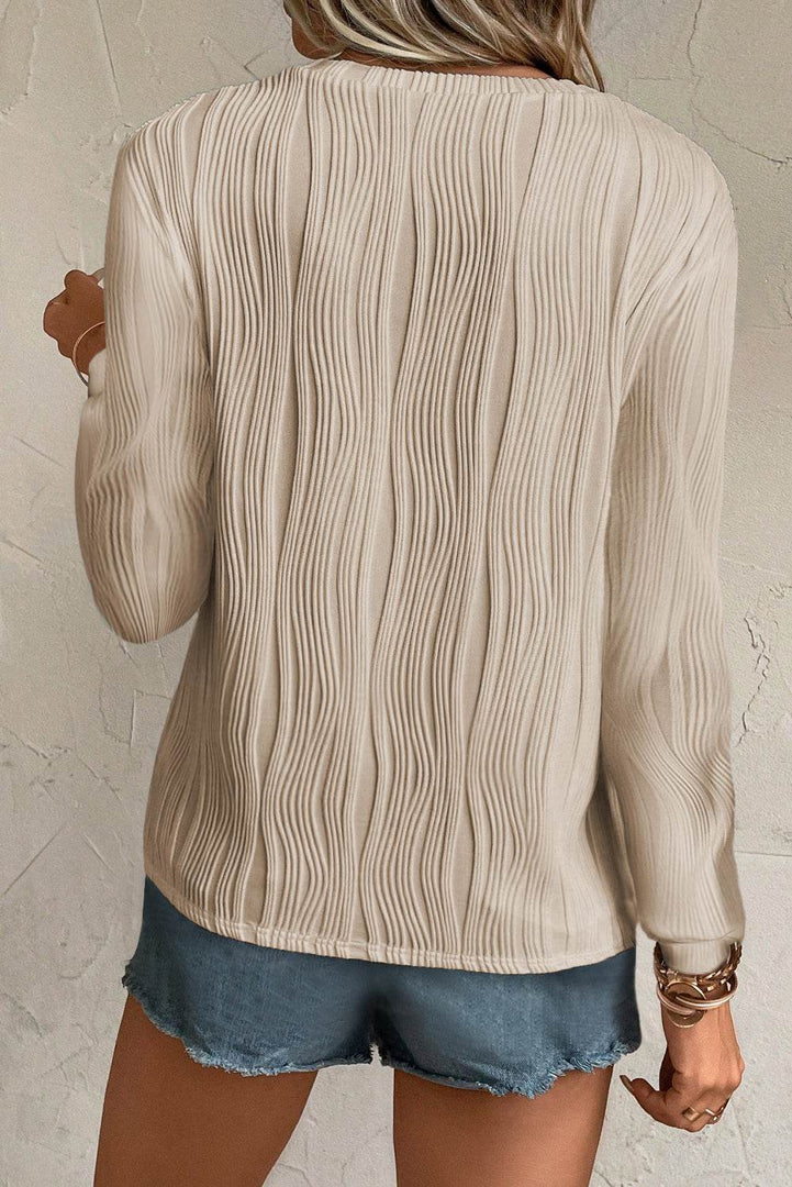 White Textured Wavy Round Neck Long Sleeve Top - Fashion Queen -  27