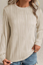 Load image into Gallery viewer, White Textured Wavy Round Neck Long Sleeve Top - Fashion Queen -  28
