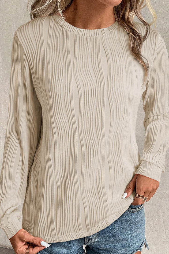 White Textured Wavy Round Neck Long Sleeve Top - Fashion Queen -  28