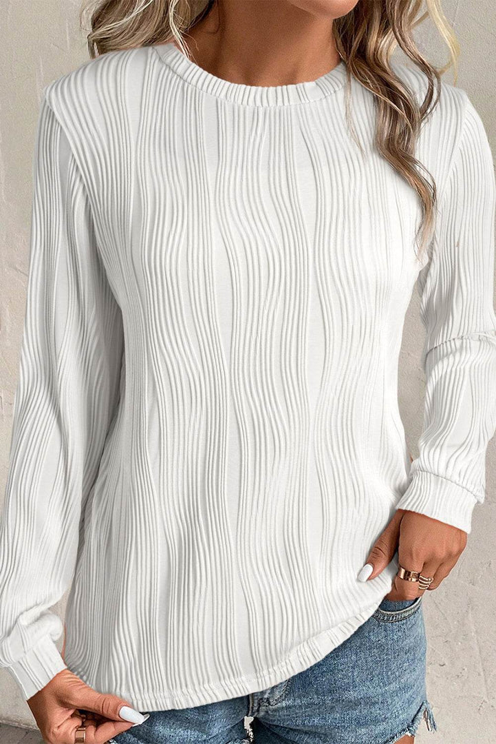 White Textured Wavy Round Neck Long Sleeve Top - Fashion Queen -  3