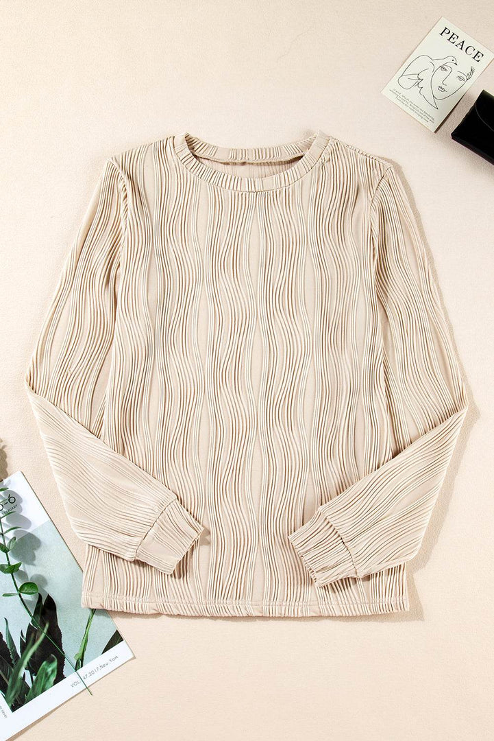 White Textured Wavy Round Neck Long Sleeve Top - Fashion Queen -  30