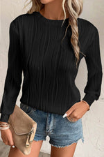 Load image into Gallery viewer, White Textured Wavy Round Neck Long Sleeve Top - Fashion Queen -  7
