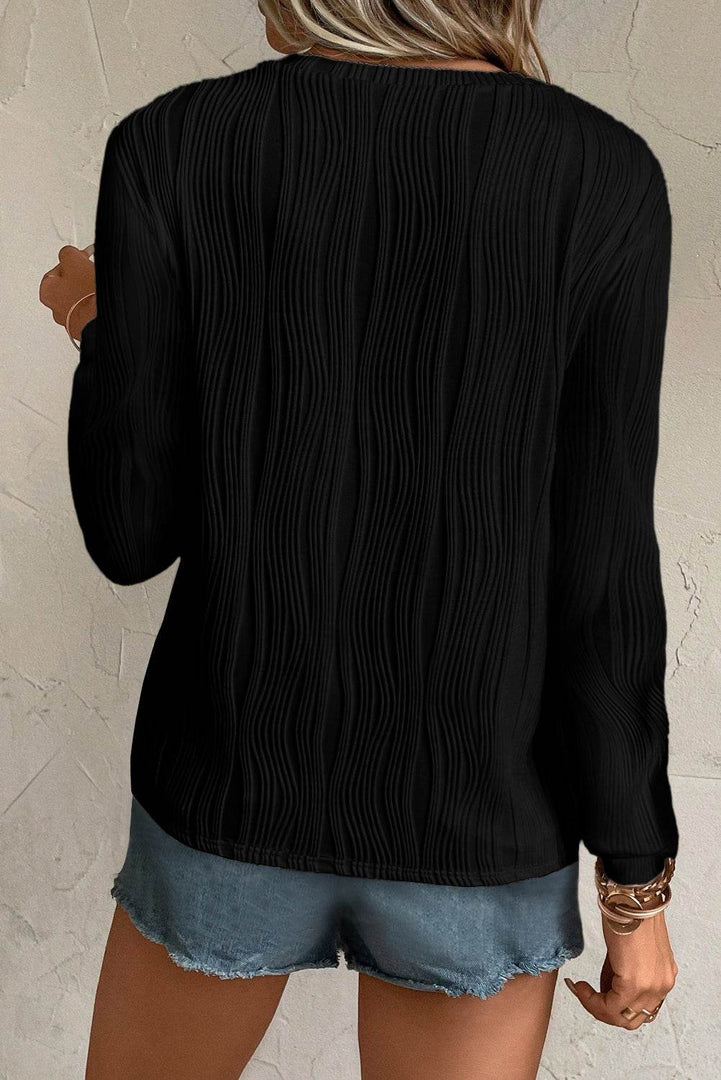 White Textured Wavy Round Neck Long Sleeve Top - Fashion Queen -  8