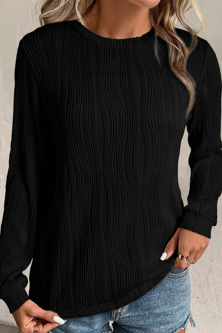 White Textured Wavy Round Neck Long Sleeve Top - Fashion Queen -  9