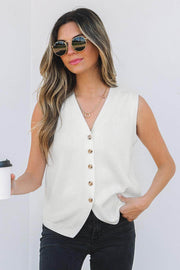 White V Neck Buttoned Sweater Vest - Fashion Queen -  1