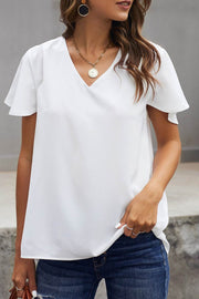 White V Neck Short Sleeve Tee - Fashion Queen -  1