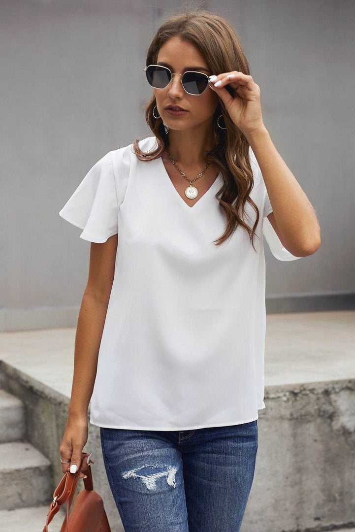 White V Neck Short Sleeve Tee - Fashion Queen -  3