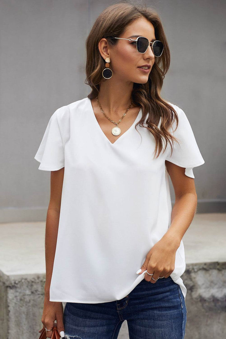 White V Neck Short Sleeve Tee - Fashion Queen -  4