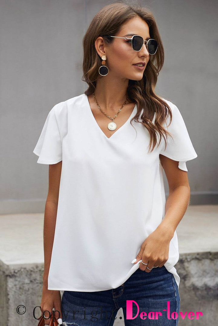 White V Neck Short Sleeve Tee - Fashion Queen -  6