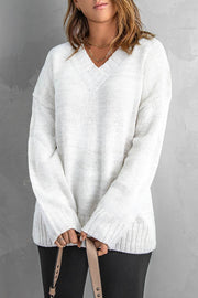 White V neck Drop Shoulder Knitted Sweater - Fashion Queen -  1